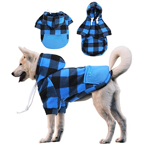 SAWMONG Hunde-Kapuzenpullover, kariert, Flanell, mit Mütze, Welpen-Pullover, Hemd, Haustier-Outfit mit Tasche für kleine, mittelgroße Welpen, Hunde, Katzen, Größe L, Blau von SAWMONG