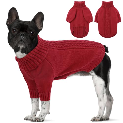 SAWMONG Hundepullover für kleine Hunde, Rollkragen-Strickpullover, Sweatshirt, klassischer Winter, warmer Haustierpullover für Jungen, Mädchen, Katzenpullover (Rot, S) von SAWMONG