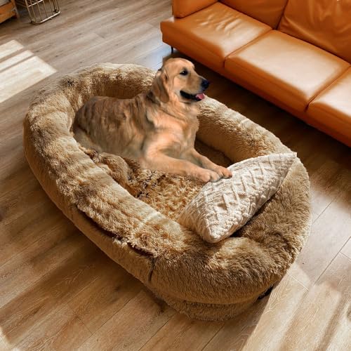 Hundebett für Menschen, Orthopädisches Waschbares Hundebett in Menschengröße, Flauschiges Hundebett aus Kunstfell für Erwachsene und Haustiere mit stützender Matte aus Memory-Schaum(Brown,73x47x12in) von SBCWH