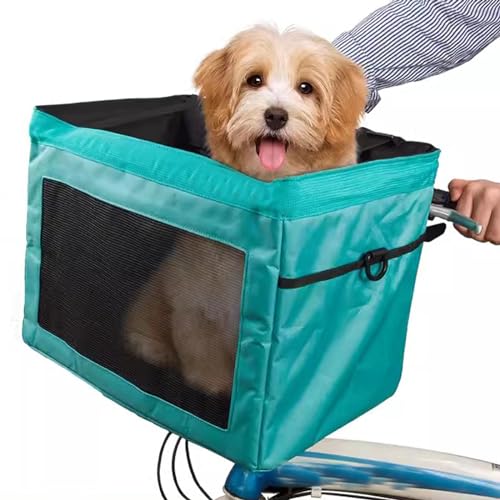 Hundekorb fürs Fahrrad, Faltbarer Fahrrad Vorderradträger Rucksack für Haustiere, Abnehmbarer Fahrradkorb für Hunde, Katzen und Kaninchen, Netzfenster, zum Wandern, Radfahren, Camping(Color:Green) von SBCWH