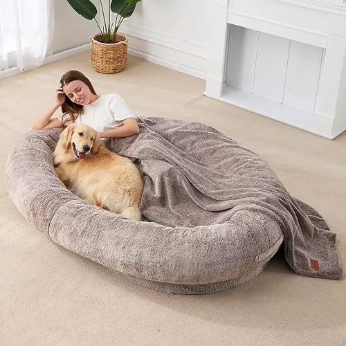 SBCWH Hundebett für Menschen, Orthopädisches Waschbares Hundebett in Menschengröße, Haustierbett aus Kunstfell und Memory Foam, großes Hunde-Sitzsackbett für Familien(Khaki,100 * 70 * 20cm) von SBCWH