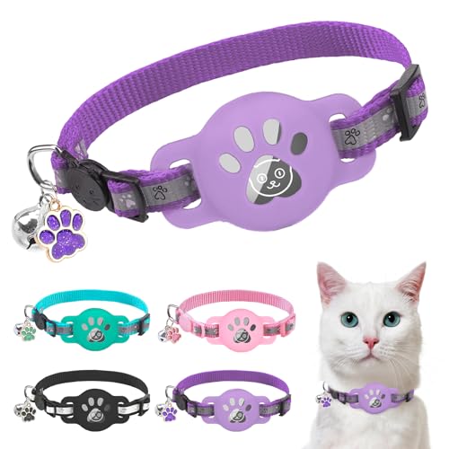 SCENEREAL Airtag Katzenhalsband, Breakaway, Reflektierendes Kätzchenhalsband mit Glocke und Apple Air Tag Halter, GPS Niedliches Katzenhalsband für Junge Mädchen Katzen Kätzchen Welpen Lila von SCENEREAL