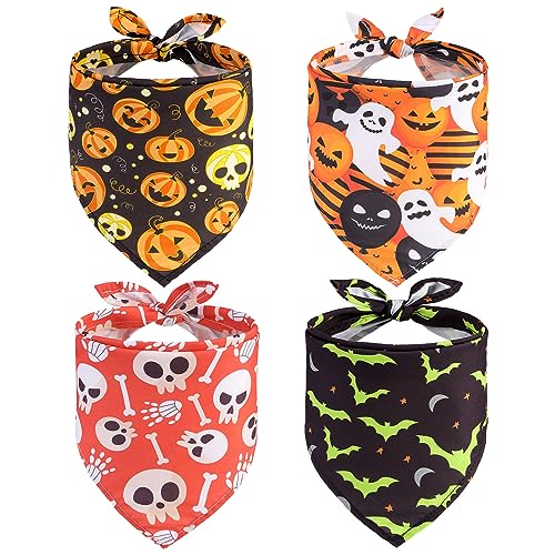 SCENEREAL Halloween Hund Bandana 4 Pack - Weich und Atmungsaktiv Haustier Dreieck Schal Lätzchen, voller Halloween Element Muster, für Hunde und Katzen von SCENEREAL