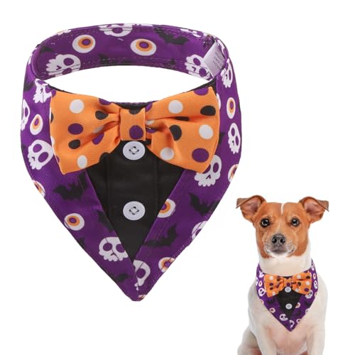 SCENEREAL Halloween-Hunde-Smoking-Bandana mit Fliege, Totenkopf und Fledermaus-Druck, formelles Outfit für kleine, mittelgroße Hunde und Katzen, verstellbares Herbsthalsband, Smoking-Kleidung für von SCENEREAL