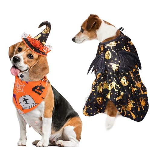 SCENEREAL Halloween-Kostüm für Hunde, Umhang, Bandanas und Hexenhut, Haustier-Umhang mit Fledermausflügeln, lustige Welpen-Feiertags-Outfits für Jungen und Mädchen, Cosplay-Party, Verkleidung für von SCENEREAL