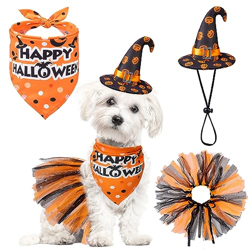 SCENEREAL Halloween-Kostüme für kleine Hunde, Bandana, Hut, Kleid, Set, 3-teiliges Welpen-Partyzubehör, weicher Dreieckschal, niedliches Tutu-Rock, Outfit für Mädchen und Jungen von SCENEREAL