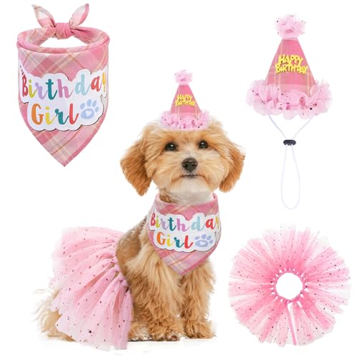 SCENEREAL Hunde-Geburtstagstuch, Bandana-Hut mit Kleid, Mädchen-Set, Hunde-Geburtstagsparty-Zubehör, kariert, Hunde-Geburtstags-Outfit, niedlicher Hunde-Tutus für kleine und mittelgroße Hunde, rosa von SCENEREAL