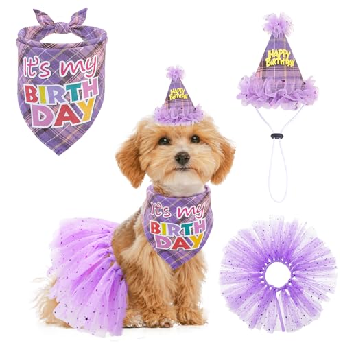 SCENEREAL Hunde-Geburtstagstuch, Bandana-Hut mit Kleid, Mädchen-Set, Hunde-Geburtstagsparty-Zubehör, kariert, Hunde-Geburtstags-Outfit, niedlicher Hunde-Tutus für kleine und mittelgroße Hunde, lila von SCENEREAL