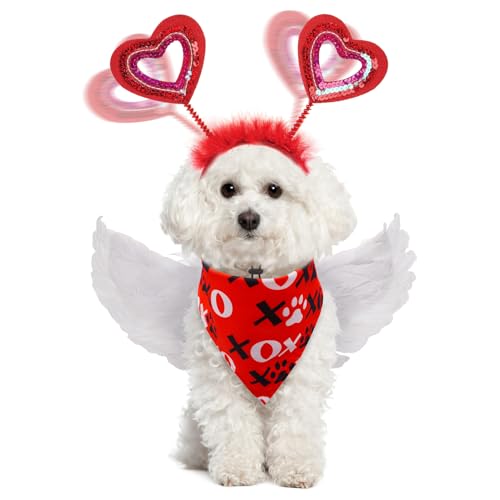 SCENEREAL Hunde-Valentinstag-Outfit/Geburtstag, Bandana mit Federflügel und Herz-Stirnband, für kleine und mittelgroße Hunde, Katzen, Haustierkostüme von SCENEREAL