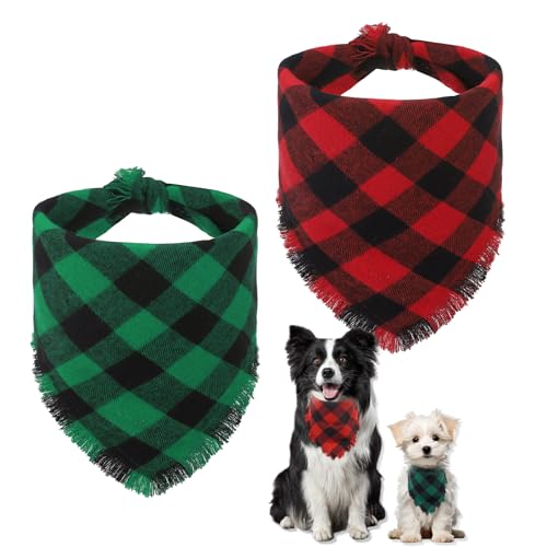 SCENEREAL Hunde-Weihnachts-Bandana, wendbar, rot und grün, Büffelkariert, Welpenschal mit Quasten, für Jungen und Mädchen, verstellbares Lätzchen für kleine, mittelgroße und große Hunde, Katzen, Größe von SCENEREAL