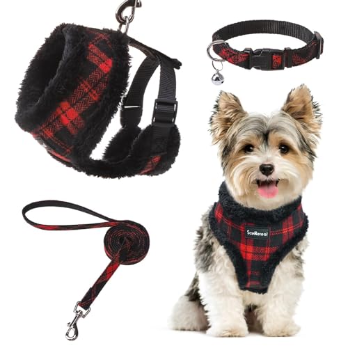 SCENEREAL Hundegeschirr für kleine Hunde, Halsband und Leine, warmes Fleece, kein Ziehen, Welpengeschirr, Weihnachts-Hunde-Outfit, kein Chock, verstellbares Halfter für Spaziergänge im Freien, Rot von SCENEREAL