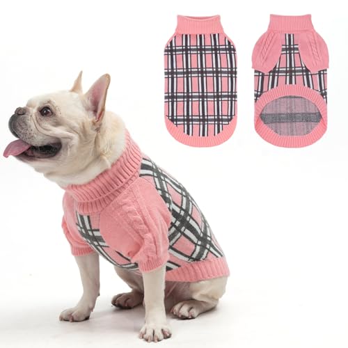 SCENEREAL Hundepullover mit Karomuster, warmer Strickpullover, weicher Rollkragenpullover für kleine, mittelgroße und große Hunde, Welpen, Katzen, für Herbst und Winter, kaltes Wetter, Rosa, Größe S von SCENEREAL