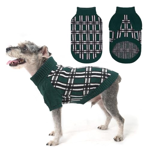 SCENEREAL Pullover für kleine Hunde, kaltes Wetter, Zopfmuster, klassischer karierter Rollkragen, dick, warme Hundekleidung für Chihuahua, Bulldogge, Dackel, Mops, S und mittelgroße Hunde von SCENEREAL