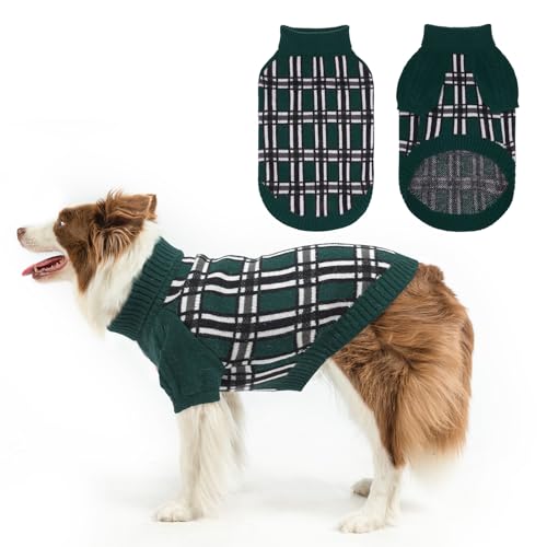 SCENEREAL Hundepullover mit Karomuster, warmer Strickpullover, weicher Rollkragenpullover für kleine, mittelgroße und große Hunde, Welpen und Katzen, für Herbst und Winter, kaltes Wetter, Grün, Größe von SCENEREAL