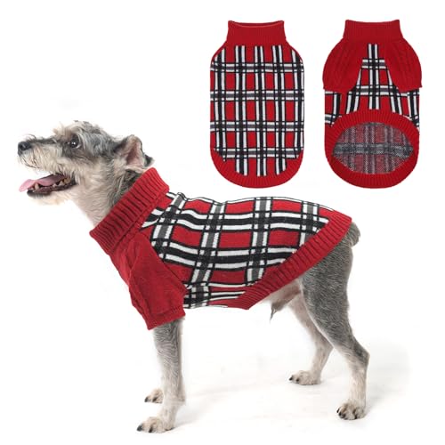 SCENEREAL Hundepullover mit Karomuster, warmer Strickpullover, weicher Rollkragenpullover für kleine, mittelgroße und große Hunde, Welpen und Katzen, für Herbst und Winter, kaltes Wetter, Rot, Größe S von SCENEREAL