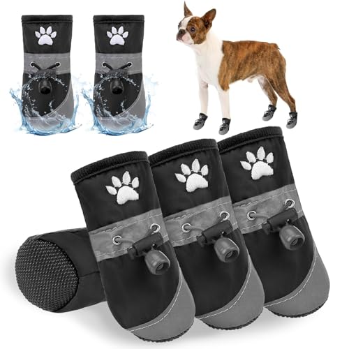 SCENEREAL Hundeschuhe für kleine und mittelgroße Hunde, reflektierende Regenstiefel für den Sommer, heißer Gehweg, wasserdicht, weich, Pfotenschutz für Spaziergänge im Freien, Hartböden, Schwarz, von SCENEREAL