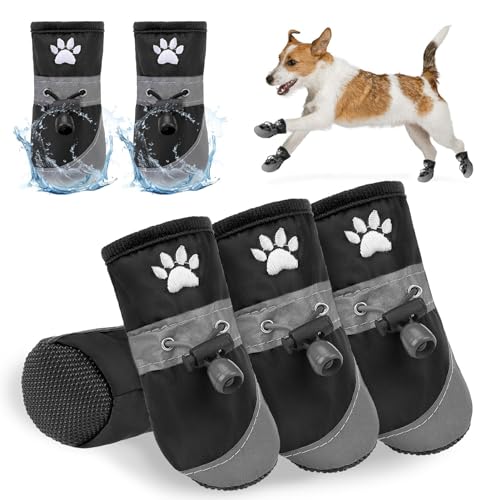 SCENEREAL Hundeschuhe für kleine und mittelgroße Hunde, reflektierende Regenstiefel für den Sommer, heißer Gehweg, wasserdicht, weich, Pfotenschutz für Spaziergänge im Freien, Hartböden, Schwarz, von SCENEREAL