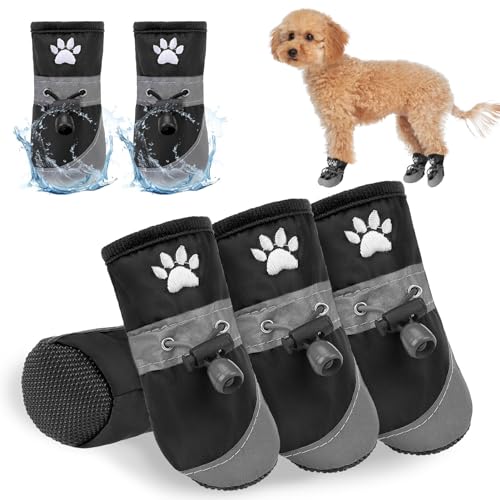 SCENEREAL Hundeschuhe für kleine und mittelgroße Hunde, reflektierende Regenstiefel für den Sommer, heißer Gehweg, wasserdicht, weich, Pfotenschutz für Spaziergänge im Freien, Hartböden, Schwarz, von SCENEREAL