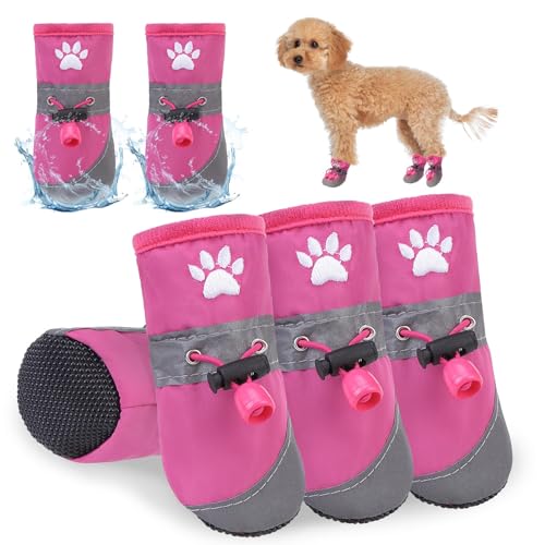 SCENEREAL Hundeschuhe für kleine und mittelgroße Hunde, reflektierende Regenstiefel für den Sommer, heißer Gehweg, wasserdicht, weich, Pfotenschutz für Spaziergänge im Freien, Hartböden, Rosa, Größe 4 von SCENEREAL