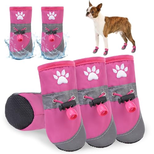 SCENEREAL Hundeschuhe für kleine und mittelgroße Hunde, reflektierende Regenstiefel für den Sommer, heißer Gehweg, wasserdicht, weich, Pfotenschutz für Spaziergänge im Freien, Hartböden, Rosa, Größe 5 von SCENEREAL