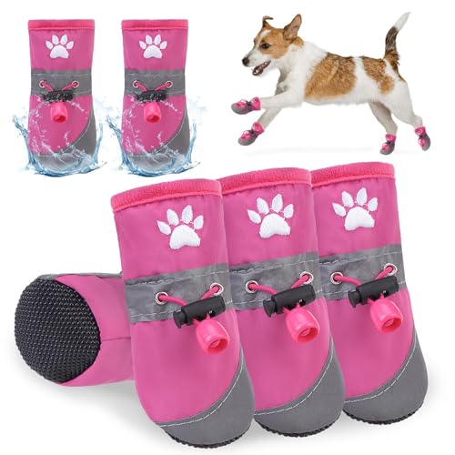 SCENEREAL Hundeschuhe für kleine und mittelgroße Hunde, reflektierende Regenstiefel für den Sommer, heißer Gehweg, wasserdicht, weich, Pfotenschutz für Spaziergänge im Freien, Hartböden, Rosa, Größe 3 von SCENEREAL