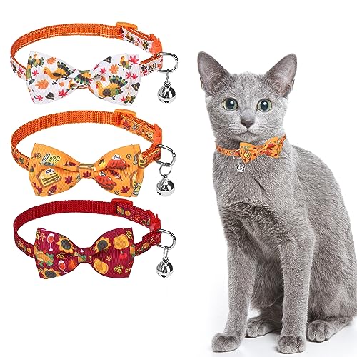 SCENEREAL Katzenhalsband, mit Glöckchen und Fliege, 3 Stück, niedliche Urlaubskatzenhalsbänder, Ahorn und Tannenzapfen, Herbst-Kätzchenhalsband, verstellbare Sicherheitsschnalle für Mädchen, Jungen, von SCENEREAL