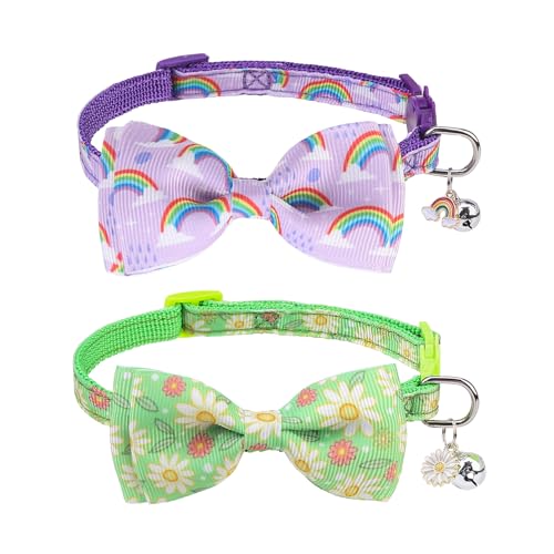 SCENEREAL Katzenhalsband mit Glöckchen, 2 Stück, abreißbare Katzenhalsbänder mit verstellbarer Fliege, Sicherheits-Halsband für Jungen, Mädchen, Katzen, Welpen, niedliches Regenbogen- und von SCENEREAL