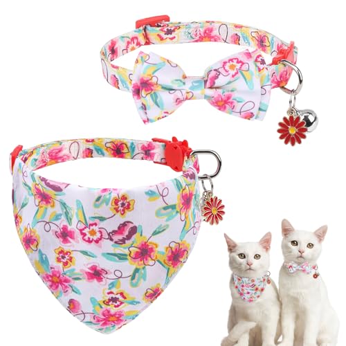 SCENEREAL Katzenhalsband mit Glöckchen, 2 Stück, mit abnehmbarer Fliege, Halstuch, verstellbar, niedliches Kätzchen-Halsband für kleine Hunde, Jungen, Mädchen, Weiß mit Blumenmuster von SCENEREAL