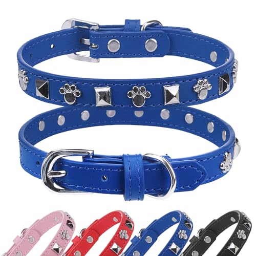 SCENEREAL Nieten-Hundehalsband aus Leder, Blau, Größe S von SCENEREAL