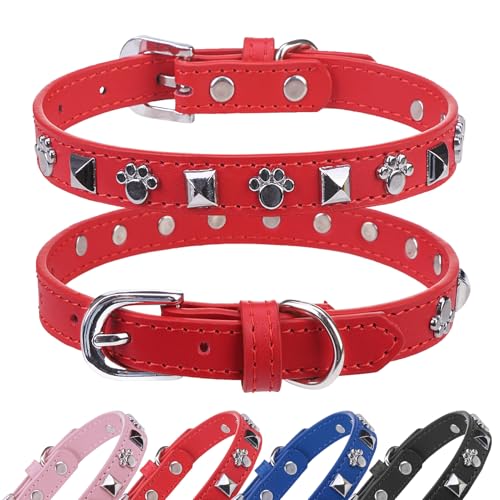 SCENEREAL Nieten-Hundehalsband aus Leder, Rot, Größe XS von SCENEREAL