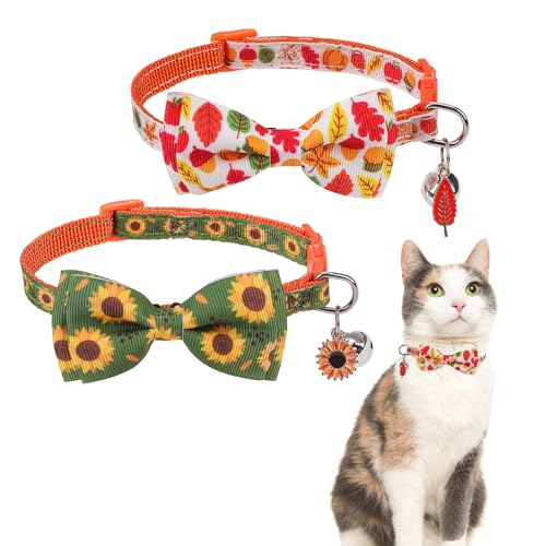 SCENEREAL Thanksgiving-Katzenhalsband mit Glöckchen und Fliege, 2 Stück, niedliches Katzenhalsband, Herbst-Kätzchen-Halsband, verstellbare Sicherheitsschnalle für Mädchen, Jungen, Katzen, Hunde, von SCENEREAL