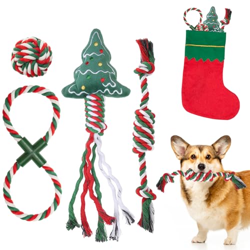 SCENEREAL Weihnachtliches Hundespielzeug aus Seil, 4 Stück, Kauspielzeug mit Strumpf zur Zahnreinigung, quietschendes Plüsch-Welpenspielzeug, interaktives Hundestrumpffüller, Weihnachtsgeschenke für von SCENEREAL