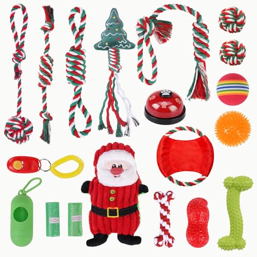 SCENEREAL Weihnachts-Hundespielzeug, Großpackung, 20 Stück, quietschendes Kauspielzeug für beschäftigte Langeweile, Kauen, Zahnen, Haustier-Plüschpuppen, Seilball, Spielzeug für kleine und mittelgroße von SCENEREAL