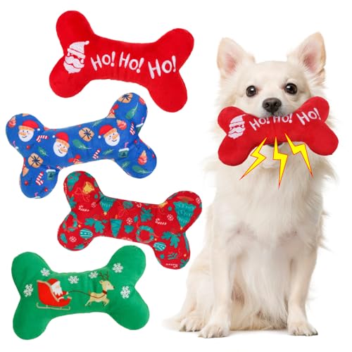 SCENEREAL Weihnachts-Hundespielzeug-Set, quietschendes Plüschtier, langlebig, niedlich, interaktiv, mit Quietscher, Kauspielzeug für kleine, mittelgroße Hunde, Welpen, Knochenform, 4 Stück von SCENEREAL