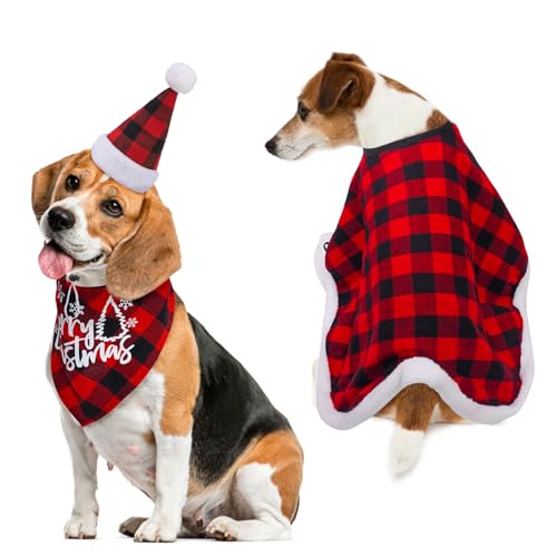 SCENEREAL Weihnachts-Outfit für Hunde, rot kariert, Halstücher und Mütze, Haustierumhang mit warmem Fleece, lustige Welpen-Weihnachtskostüme, Urlaubs-Outfits für kleine, mittelgroße Hunde, Jungen, von SCENEREAL