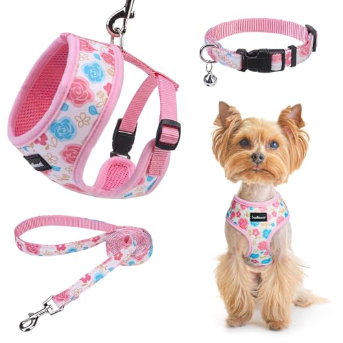 SCENEREAL Welpengeschirr mit Leine, Set für kleine und mittelgroße Hunde, rosa Blumenmuster, Größe M von SCENEREAL