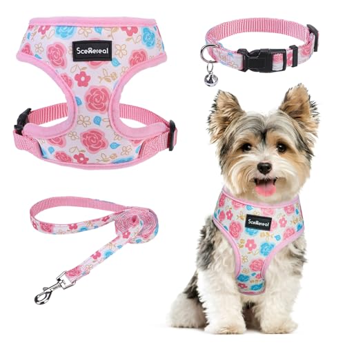 SCENEREAL Welpengeschirr mit Leine, Set für kleine und mittelgroße Hunde, rosa Blumenmuster, Größe S von SCENEREAL