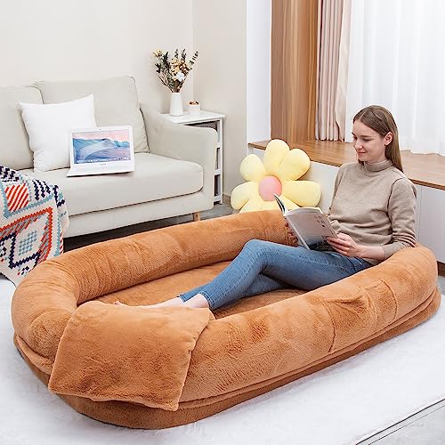 Human Dog Bed Großes Hundebett mit erhöhtem gepolstertem Rand, abnehmbarem Bezug, wasserdichtem Futter und Bonus-Decke, waschbares, luxuriöses, flauschiges Schlafbett (160 x 93 x 27,9 cm, Braun) von SCNUT