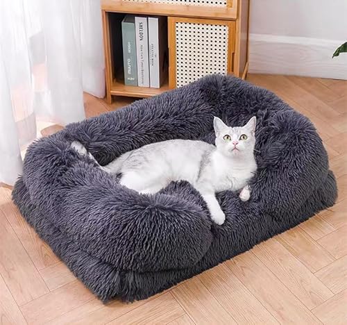 SDYQD Katzensofa Waschbar, Flauschige Hundebetten für kleine Hunde, quadratische Katzenbetten für Indoor-Katzen, beruhigendes Haustierbett, Plüsch, flauschiges Katzenbett, abnehmbare waschbare Betten von SDYQD