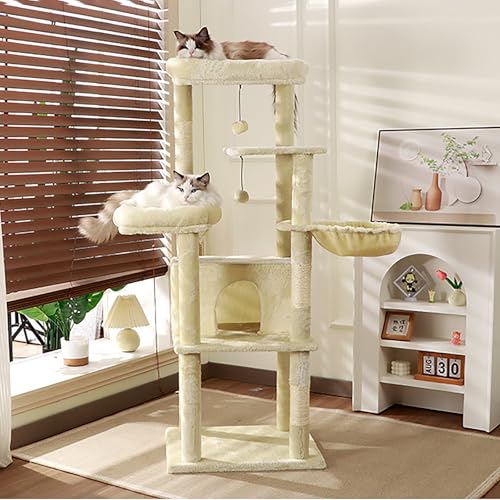 Katzenbaum, Mehrstufiger Großer Katzenbaumturm, Mit Hängematten/gemütlichen Pussycat-barchen/sisal-kratzern/pet House, für Innenkätzchen/größere Katze Beige von ＳＥＡＦＩＯＺ