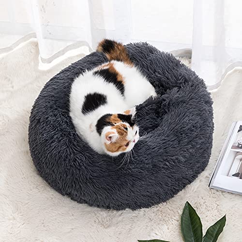 Donut-Katzenbett für drinnen und draußen, Plüsch-Hundebett für kleine, mittelgroße Haustiere, selbstwärmendes, rundes Welpensofa, Kunstfell, rutschfeste Unterseite, verbessert das Schlafbett von SEDOXX