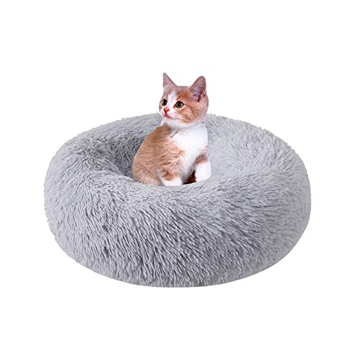 SEDOXX Angst Hunde- und Katzenbett Donut-Kätzchenbett für mittelgroße und kleine Katzen, flauschiges Katzenbett, weiches Plüschkissen, waschbares Haustierbett, beruhigendes Haustiernest, 50 cm, Grau von SEDOXX