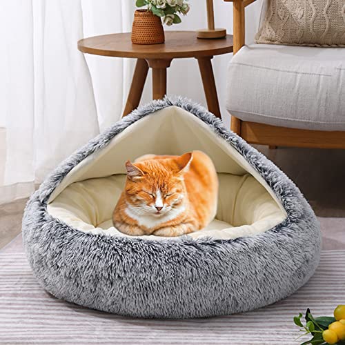 SEDOXX Haustierhöhle Bett Katzensofa Halbgeschlossen Katzenhaus Haustiernest für Kätzchen Welpen 2-in-1 Bett Katzenkissen Bett Indoor Katze Schlafbett Plüschzelt gemütlich, Samt, 40 cm, Grau von SEDOXX