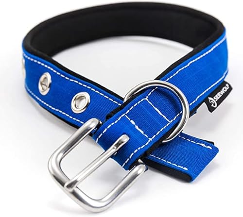 SEEWOLF© - Handgefertigtes Hundehalsband aus schützendem Neopren und hochwertigen Persenningstoffen, mit rostfreier Edelstahlschnalle. (Blauer Marlin (Blau/Schwarz), 43,5 cm - 49,5 cm (60 cm lang)) von SEEWOLF