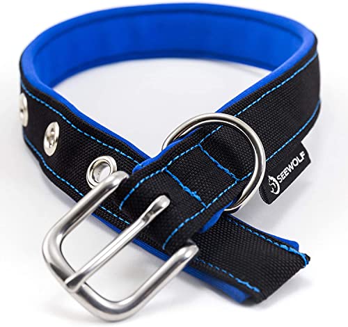 SEEWOLF - Handgefertigtes Hundehalsband aus schützendem Neopren und hochwertigen Persenningstoffen, mit rostfreier Edelstahlschnalle. (Barrakuda (Schwarz/Blau), 36,5 cm - 42,5 cm (51 cm lang)) von SEEWOLF