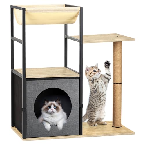 SEHERTIWY Moderner Katzenbaum, Katzenturm für Indoor-Katzen, Katzenbaumturm mit Katzenhütte, Hängematte und Sisal-Kratzbaum für Kätzchen und Katzen, Grau von SEHERTIWY