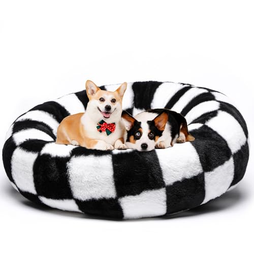 Rundes kariertes Katzenbett für Indoor-Katzen, Donut-Hundebett, Plüsch-Haustierbett für Welpen und Kätzchen, mit rutschfester Unterseite, Schwarz, 50 x 50 cm von SEIMMIE