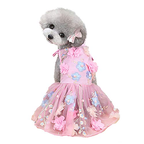 SEIS Blumenspitze Hundekleid Katze Prinzessin Straps-Kostüm Welpe Tutu Floral & Schleife Kleidung Welpe Stickerei Rock für Katzen Teddy Hund kleine mittelgroße Hunde (Pink, M (Brustumfang 42 cm) von SEIS