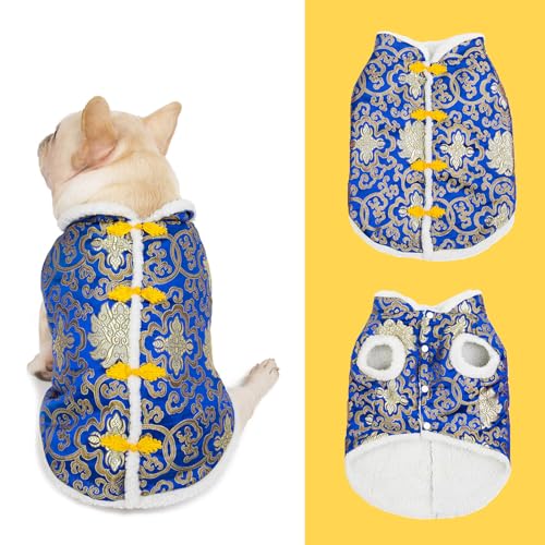 SEIS Cheongsam-Kostüm, Winterkleidung der Tang-Dynastie, warme Weste, Outfit für Katzen, Teddy, Bichon, kleine, mittelgroße Hunde (Blau, Größe L (Brustumfang 60 cm) von SEIS