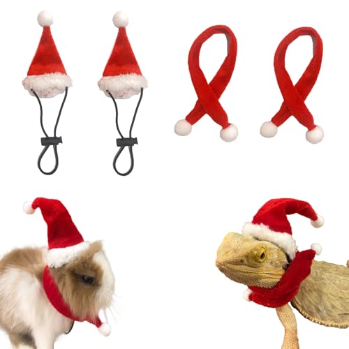 SEIS Kleintier Weihnachtsmannmütze mit Schal Weihnachten Meerschweinchen Kostüm Halloween Ratte Kappe Kaninchen Kleidung Set Xmas Geschenk Kleidung Outfit für Zucker Glider Hamster Chinchilla Frettchen Eidechse (Weihnachten) von SEIS